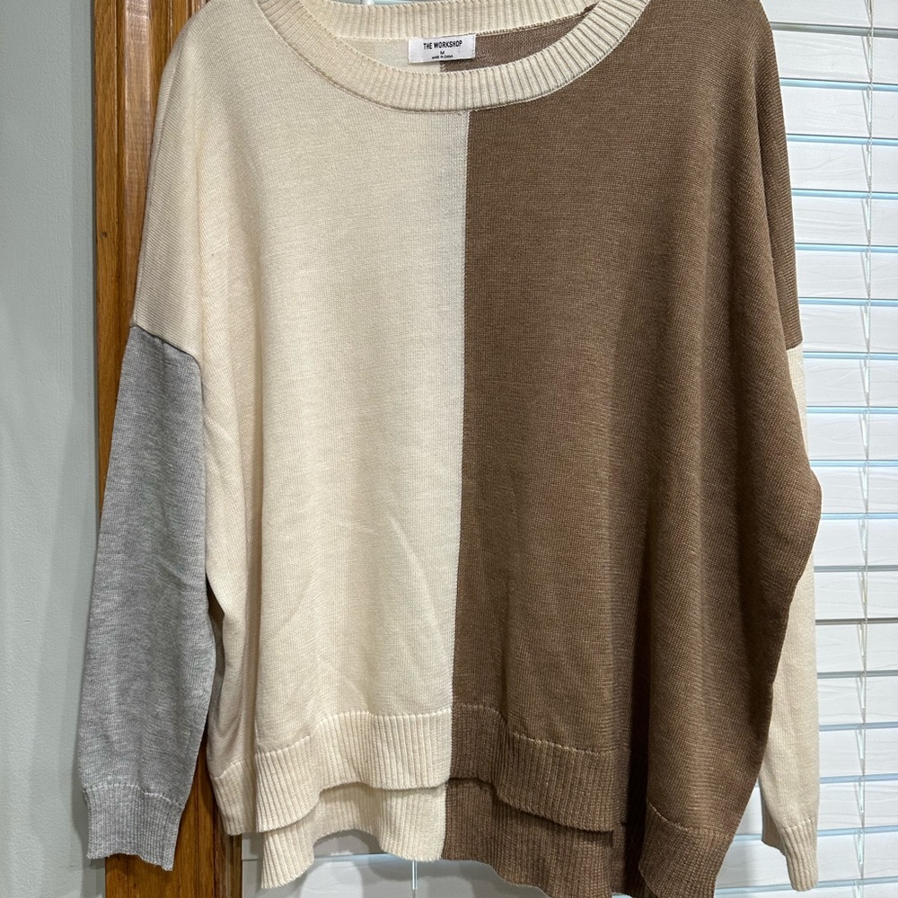 Workshop Republic Clothing Colorblock Sweater in Cream, Brown, and Gray
